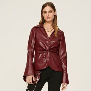 Cinq a Sept McKenna Red Faux Leather Twist Front Flare Sleeve Collared Top Large